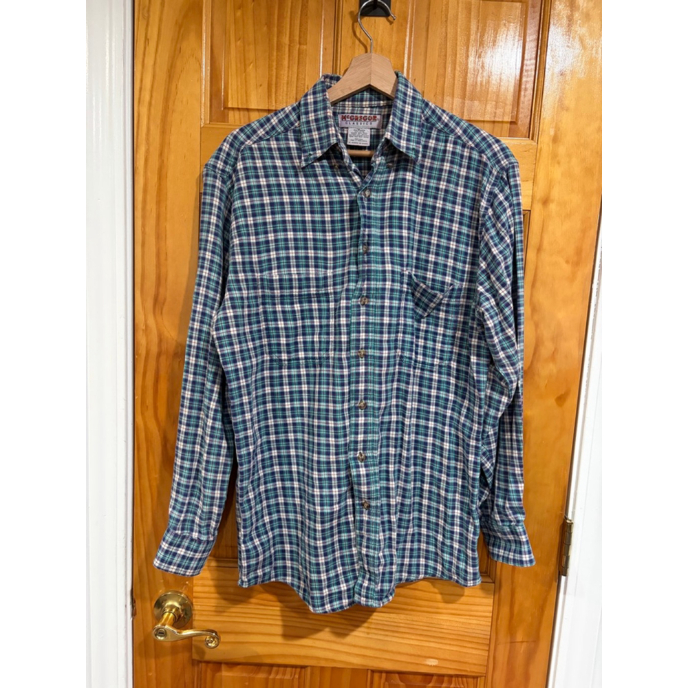 McGregor Classics Plaid Flannel Shirt Men’s Medium Green Blue Cotton Button Down